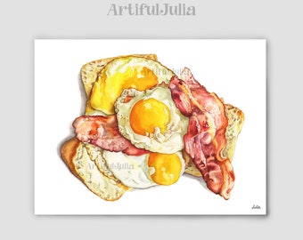 Breakfast Watercolor Painting Eggs and Bacon Print Kitchen Art Breakfast Print Egg Art Bacon Painting Bread Art Food Illustration Art