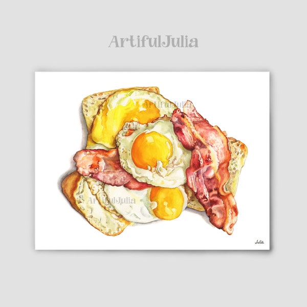 Breakfast Watercolor Painting Eggs and Bacon Print Kitchen Art Breakfast Print Egg Art Bacon Painting Bread Art Food Illustration Art