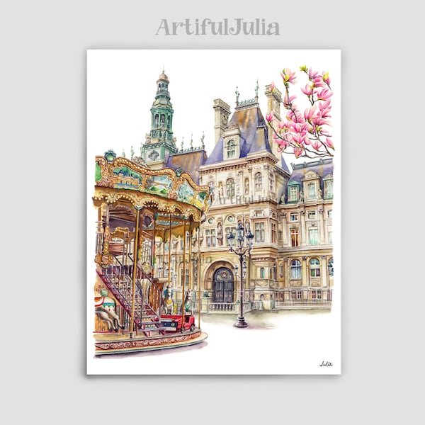 France Wall Art Paris illustration Hotel de Ville Paris Art from Original Watercolor Carousel art Paris poster Parisian Architecture