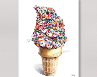Ice Cream Art Print Colorful Sprinkles Ice Cream Cone Illustration Art print of my original watercolor painting