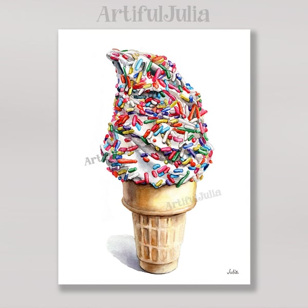 Ice Cream Art Print Colorful Sprinkles Ice Cream Cone Illustration Impression d’art de ma peinture à l’aquarelle originale