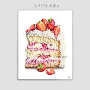 Cake Painting Strawberry Cake Strawberry Art  Dessert Watercolor Art Print Strawberry Artwork Kitchen Wall Decor Watercolor hand painted