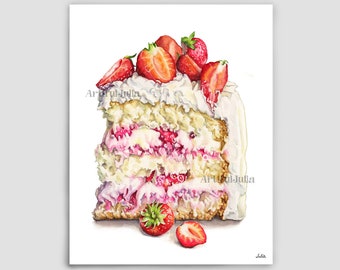 Cake Painting Strawberry Cake Strawberry Art  Dessert Watercolor Art Print Strawberry Artwork Kitchen Wall Decor Watercolor hand painted