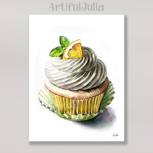 Lemon Cupcake Watercolor Painting Wall Art Prints Art for Kitchen Dessert Art Cupcake Poster Fruit Painting