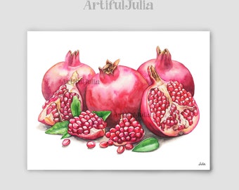 Pomegranate art print, botanical watercolor pomegranate print kitchen art, watercolor painting, still life print kitchen wall decor