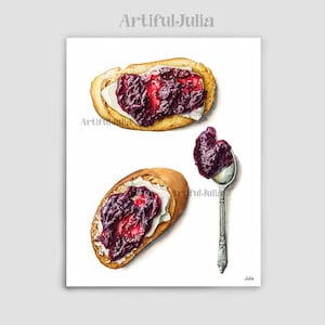 Lebensmittel Malerei Baguette mit Marmelade Baguette Art Food Art Brombeere Marmelade Malerei Brot Gemälde Food Art Print Aquarell Handgemalt