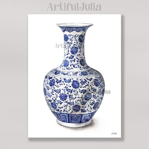 Chinoiserie Arte Chino Jarrón Willow Estilo Cartel Azul Acuarela Pintura Arte Impresión azul y blanco Porcelana Azul y Blanco Hueso China