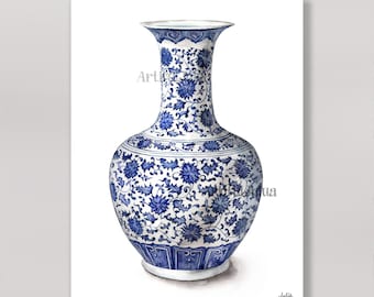 Chinoiserie Art Chinese Vase Willow Style Poster Blue Watercolor Painting Art Print blue & white Porcelain Blue And White Bone China