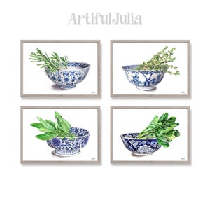 Watercolor Kitchen Garden Herbs Green Leaf Painting Art Print Herbs in bowls Painting Kitchen Herbs Art Prints