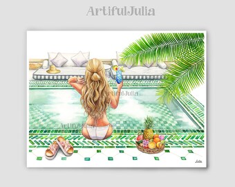 Mode Wand Kunst Frau Urlaub Malerei Art Print Tropical Wand Kunst Pool Urlaub Sommer Illustration Reise Poster Handgemalte Wand-Dekor