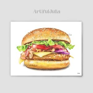 Hamburger Art Food Painting Realistic Artwork Kitchen Wall Art Watercolor Art Print Food Painting American Food Artwork Hamburger Art Print