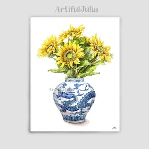 Chinoiserie Kunstdruck Aquarell Sonnenblume Kunstdruck Sonnenblume Wandkunst Blaue Vase Aquarell Kaktus Malerei Sonnenblume Haus Gelbe Blume