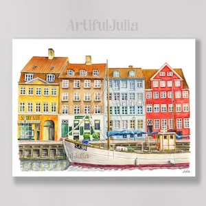 Copenhagen Print Copenhagen Travel Poster Denmark Poster Copenhagen City Skyline Wall Art of my original watercolor painting
