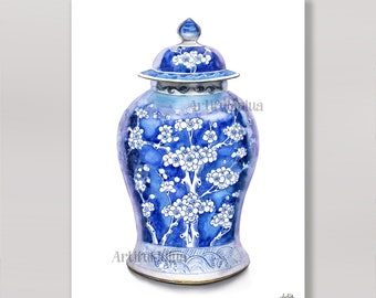 Chinoiserie Art Chinese Vase Willow Style Poster Blue Watercolor Painting Art Print blue & white Porcelain Blue And White Bone China