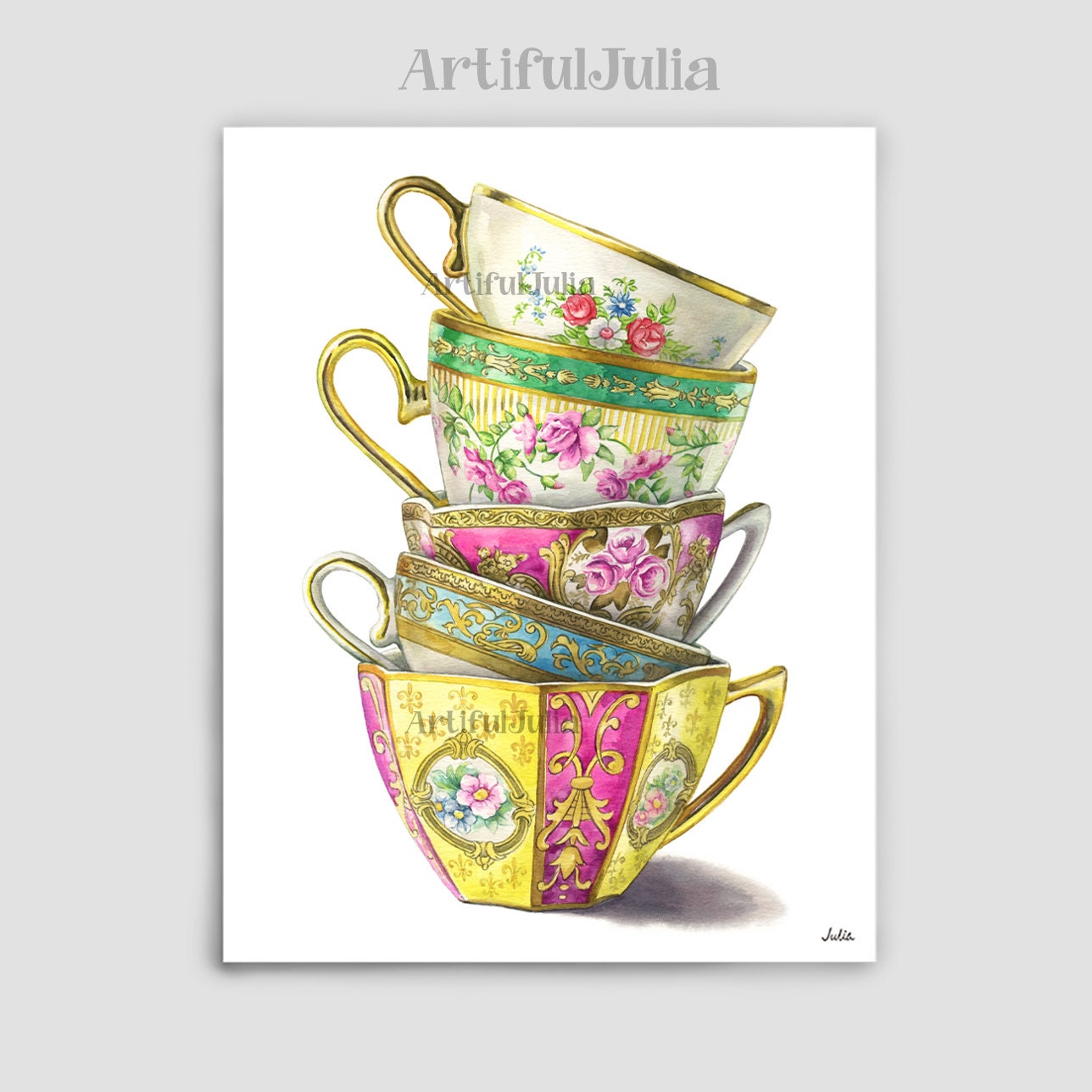 Watercolor Stack of Vintage Books and Tea Cup, Book Art, Books and