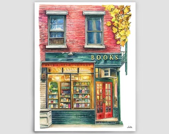 Librería Arte Nueva York Librería Impresión de arte de acuarela Pintura Librería Cartel Libros Arte Nueva York Arte Tienda de libros Cartel