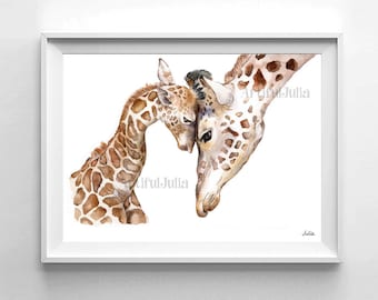 Giraffe Art Print baby Animal wall decor for baby birthday nursery of my original watercolor painting Mother and baby poster