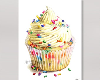 Frosted Cupcake with Sprinkles Wall Art Prints Art for Kitchen Dessert Painting Cupcake Poster Matte Paper Print & Stretched Canvas Print