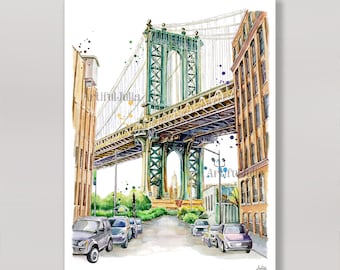 Dumbo Bridge The Manhattan Bridge from Dumbo Brooklyn art print of my original watercolor painting