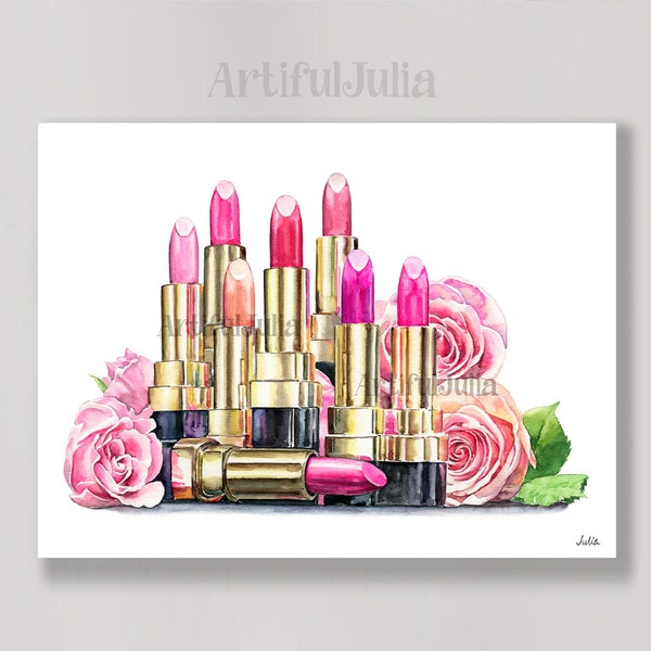 Fashion Art Print Rouge à lèvres coloré Fleurs cosmétiques Art mural Rouge à lèvres impression d’art de peinture à l’aquarelle