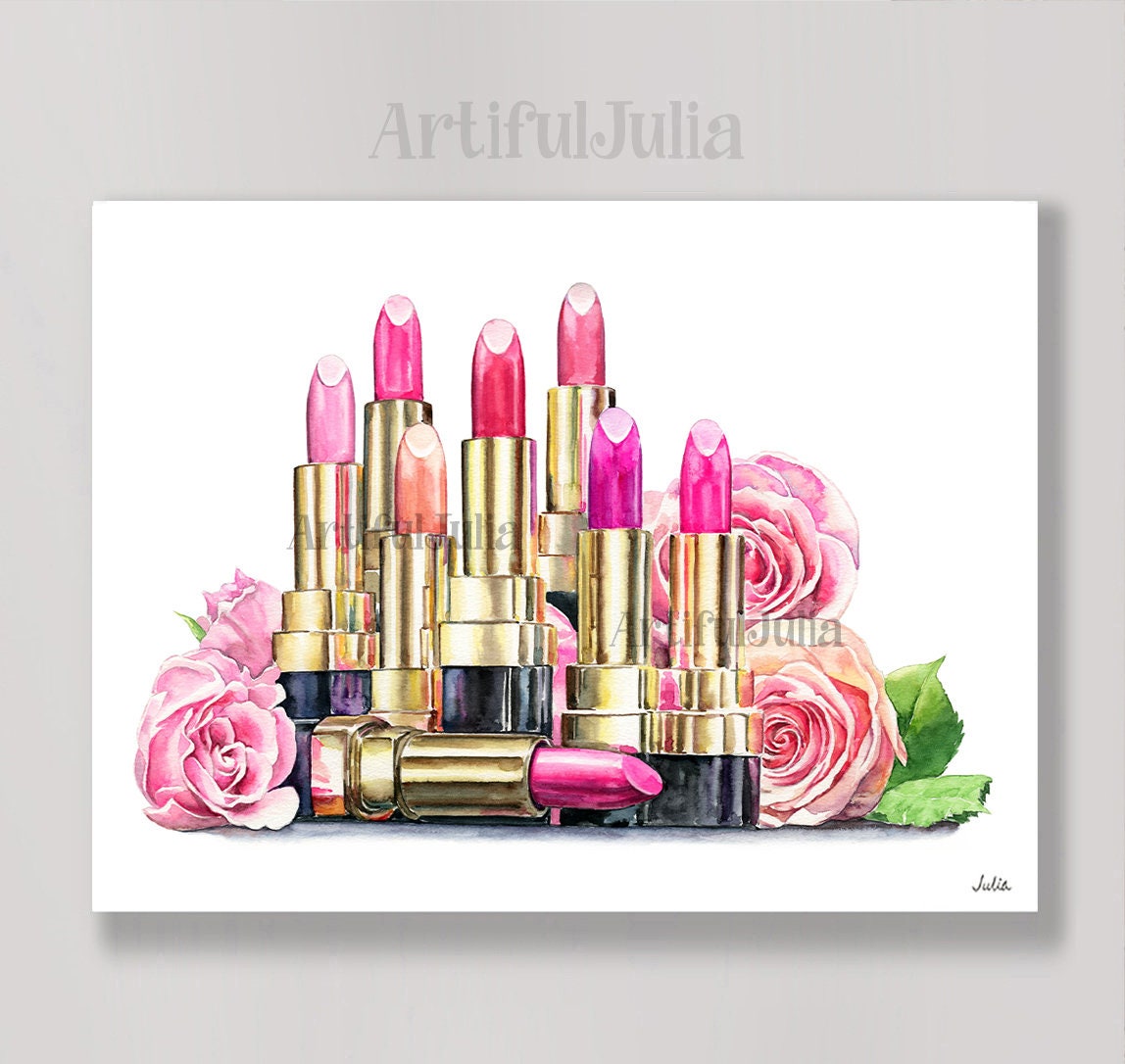 Fashion Art Print Colorful Lipstick Cosmetic Flowers Wall Art 
