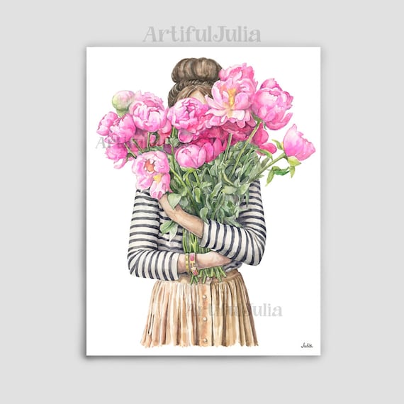 Fashion Wall Art Print Girl Holding Flowers Bouquet Artwork Etsy