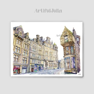 Cockburn Street à Édimbourg Aquarelle Art mural écossais Ville du Royaume-Uni Peinture de la ville Peinture d'Édimbourg Ville de voyage