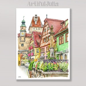 Impression d&#39;art mural Allemagne Rothenburg Ob Der Tauber Impression d&#39;art de la ville de l&#39;Allemagne de ma peinture à l&#39;aquarelle originale