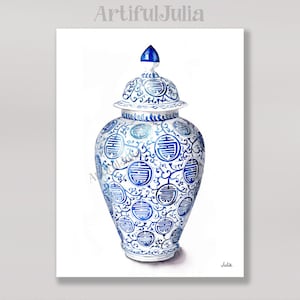 Chinoiserie Ginger Jar Art Print Blue White Chinoiserie Decor Print Blue White Vase Watercolor Hand Painted Blue Jar Canvas Art