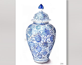 Chinoiserie Ginger Jar Art Print Blue White Chinoiserie Decor Print Blue White Vase Watercolor Hand Painted Blue Jar Canvas Art