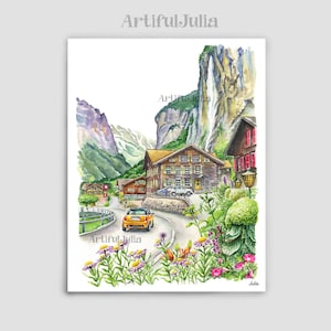 Switzerland Art Print Lauterbrunnen Switzerland painting Swiss Alps Mountain Wall Art Staubbach Falls Lauterbrunnen the Alps, Europe Art