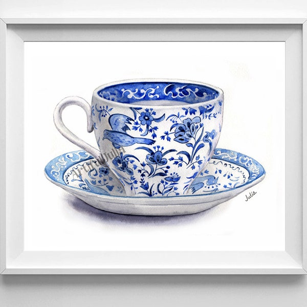 Chinoiserie Art Print Blue and white teacup print, Chinese teacup, cup print , print of my original painting