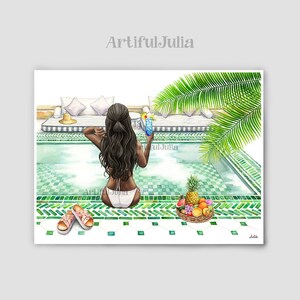 Black woman Art Print African Woman Vacation Art Print Tropical Wall Art Tropical Wall Art Vacation Summer Travel Girl Poster Hand Painted