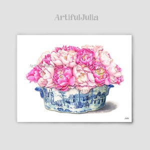 Blaue und weiße Art Ingwer Jar Kunstdruck Blumen Blumenstrauß Home Decor Chinoiserie Blaue und weiße rosa Blumen