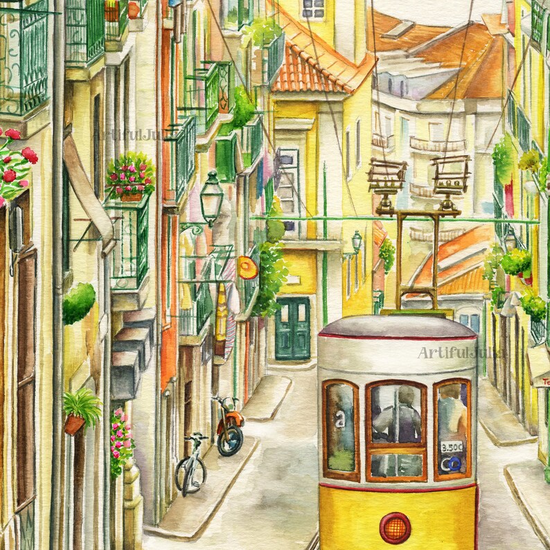 Puede incluir: Un tranv&iacute;a amarillo y blanco viaja por una calle estrecha en una ciudad. La calle est&aacute; bordeada de edificios coloridos con balcones y ropa colgada de cuerdas. El tranv&iacute;a tiene el n&uacute;mero "3500" en el lateral.