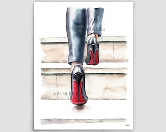 Mode Wand Kunst Drucke Lederhose High Heels Mode Wand Kunst Frau, die in die Treppe geht Mode Illustration Mode Poster