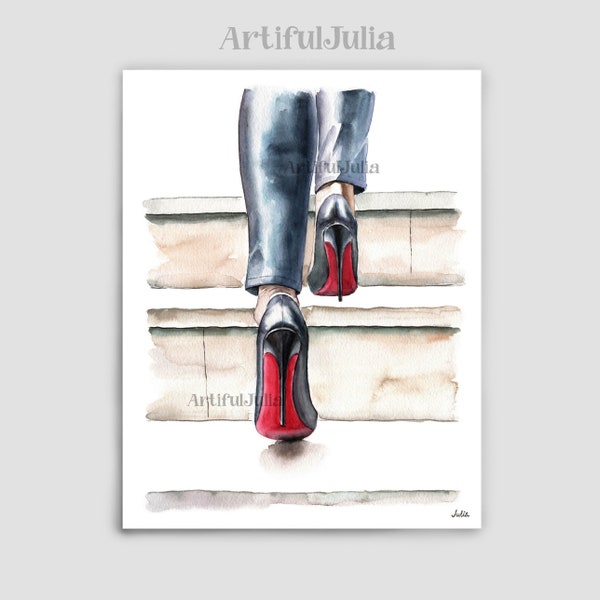 Fashion Wall Art Prints Leather Pants High  Heels Fashion Wall Art Woman Walking up in the Stairs Fashion Illustration Fashion Poster