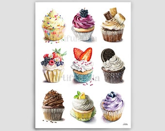 Cupcakes Painting Wall Art Cupcake Poster Nursery Art for Room Wall Cute Painting Wall Art artwork print of my watercolor painting