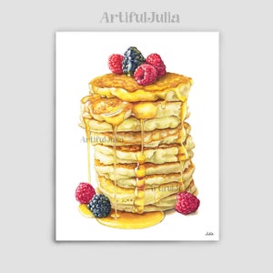 Pancake Watercolor Painting Pancake Art Print Stack of Pancakes Food Illustration Pancake Artwork Breakfast Kitchen Wall Art