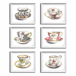 Teacup art print Kitchen Wall Art A Set of 2, 3, 4 & 6 prints Teacups Art of my original watercolor, Teacups art