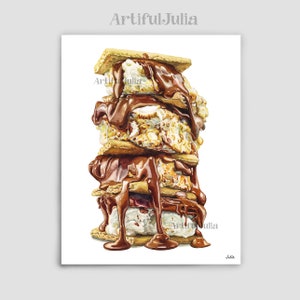 May include: A watercolor painting of a tall stack of s'mores. The s'mores are made with graham crackers, marshmallows, and chocolate. The chocolate is melted and dripping down the sides of the s'mores. The s'mores are stacked on top of each other, and the top s'more is slightly tilted to the side.