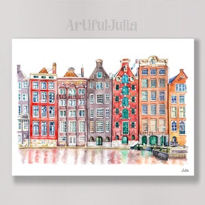 Amsterdam Illustration Art Print City Canvas Art Print for Room Wall Watercolor painting-Matte Paper Print & Stretched Canvas Print