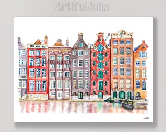 Amsterdam Illustration Art Print City Canvas Art Print for Room Wall Watercolor painting-Matte Paper Print & Stretched Canvas Print