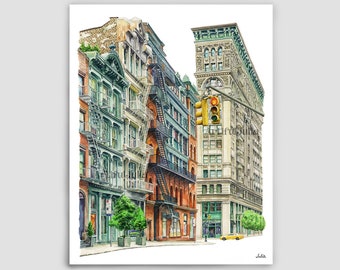 New York Street Art Print NYC Watercolor Painting Colorful City United States New York Poster gift for travel lover