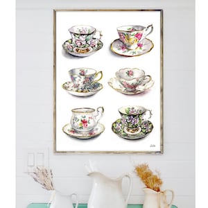 Teacups Wall Art Print Teacups illustration Kitchen Wall Art Wall Decor of original watercolor painting