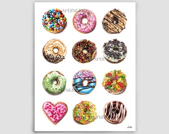 Póster de donut, Donut de acuarela, Impresión artística, Pared de tienda de donuts, Decoración de pared de cocina, Postre, Pintura de acuarela de donut, Arte de pared de guardería