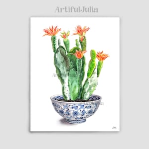 Aquarell Kaktus Art Print Kaktus Wand Kunst Blaue Vase Aquarell Kaktus Malerei Kaktus Home Decor Chinoiserie Art Print