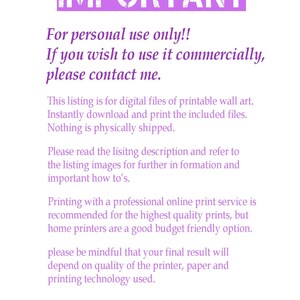May include: A digital art listing with the word "IMPORTANT" in a purple, distressed font. The text explains the art is for personal use only and to contact the seller for commercial use. It details the digital download process and printing recommendations.