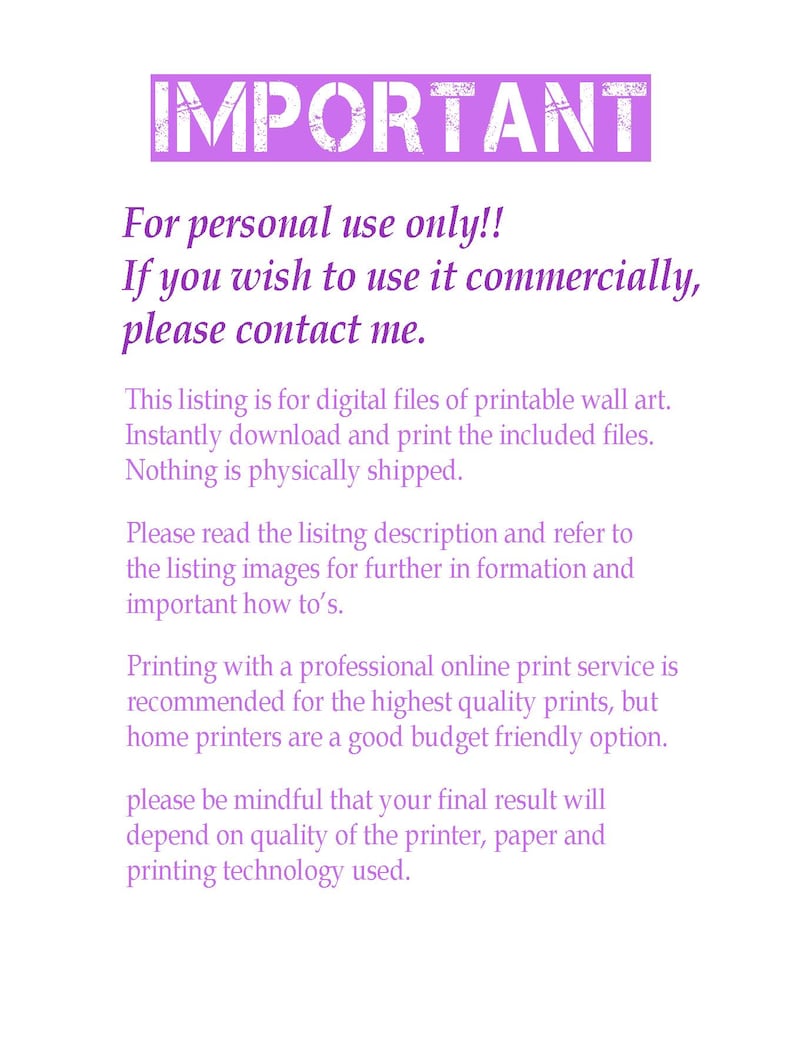 May include: A digital art listing with the word "IMPORTANT" in a purple, distressed font. The text explains the art is for personal use only and to contact the seller for commercial use. It details the digital download process and printing recommendations.
