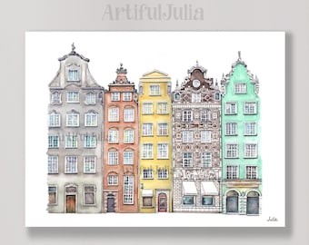 May include: Watercolor painting of a row of five colorful buildings with intricate details. The buildings are painted in shades of gray, red, yellow, brown, and green. The painting is signed "Julia".